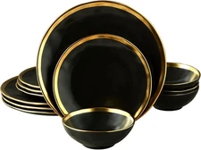 Black Luxury Plates and Bowls Sets, 12 Piece Porcelain black gold 