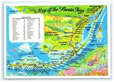Postcard Map of Florida Keys Highway Bridges Lengths UNP