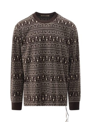 Allover Tribal Skull Velour Long Sleeve T-Shirt in Brown