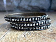 Southwestern Style Beaded Bangle Bracelets Set Of 3 Oxidized Silver Tone Stack
