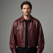 Men’s Burgundy Biker Jacket Real Sheepskin Leather Jacket Motorcycle Racer Style