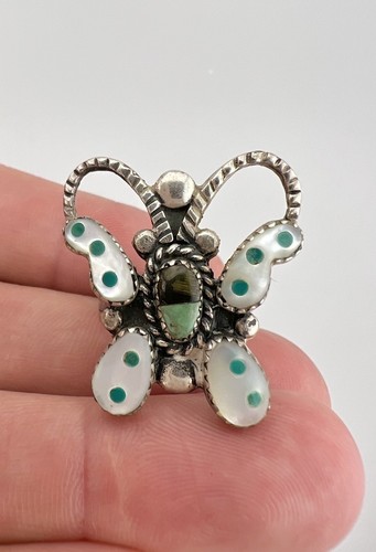 Vintage Zuni Sterling Silver Multi Gemstone Flush Inlay Butterfly Ring - Picture 1 of 8