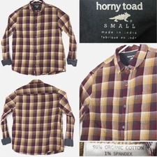 Horny Toad Mens Small (42 in Chest) Maroon Orange Plaid Organic Cotton Button Up