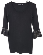 New Nina Leonard Sheath Sweater Dress Small Black 3/4 Stud Bell Sleeve Stretch