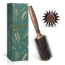 Round Brush for Blow Drying Boar Bristle Hair 2.4 Inch Shine Volume Wood