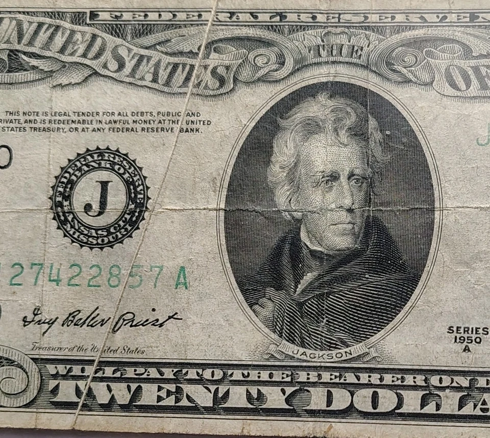 Series 1950 $20.00 Green seal Gutter Fold Rare Bill. Very Good Shape... - Image 3 of 4