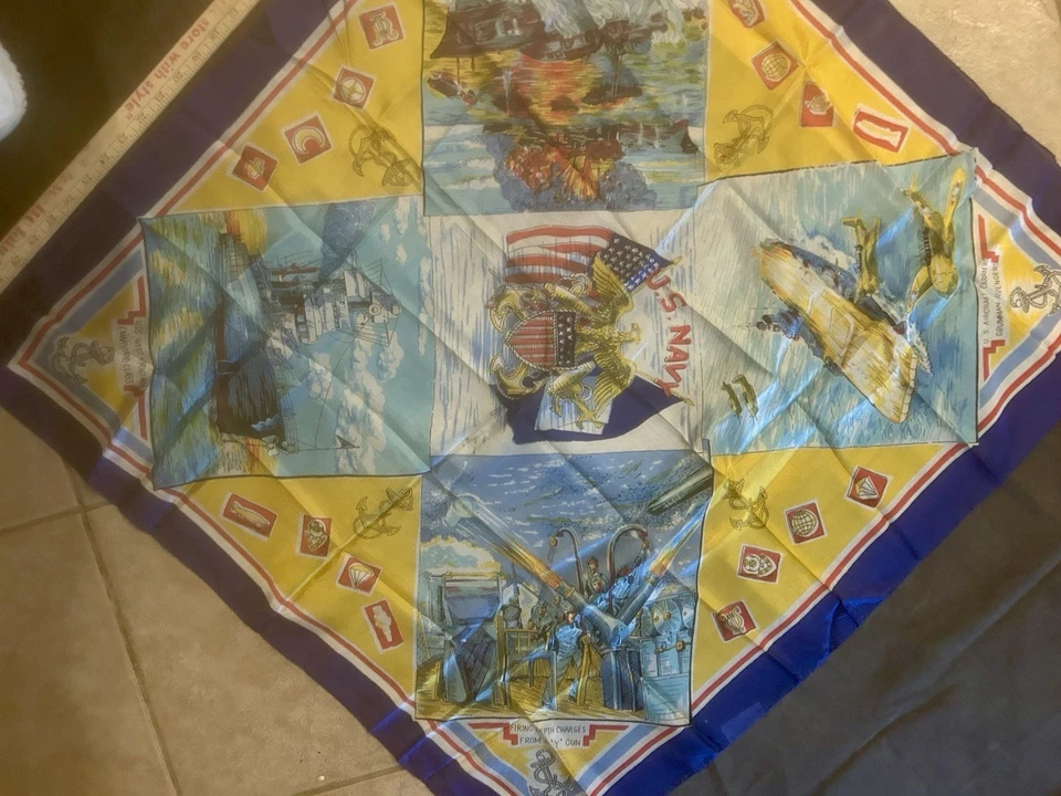 Винтажный шарф из 100% шелка 1950-е неиспользованные корабли самолеты ВМС США - Изображение 4 из 4