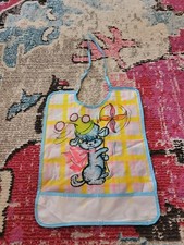 VTG Retro plastic baby puppy dog circus pinwheel plastic oversize bib plaid