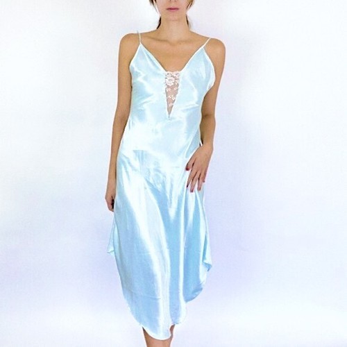 Vintage Victoria's Secret Baby Blue Liquid Satin Lace Slip Dress Small - Picture 12 of 12