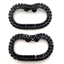 Vintage Deco Black Rhinestone Shoe Clips Pair Sweetheart Prong Lg Clip Set Jet