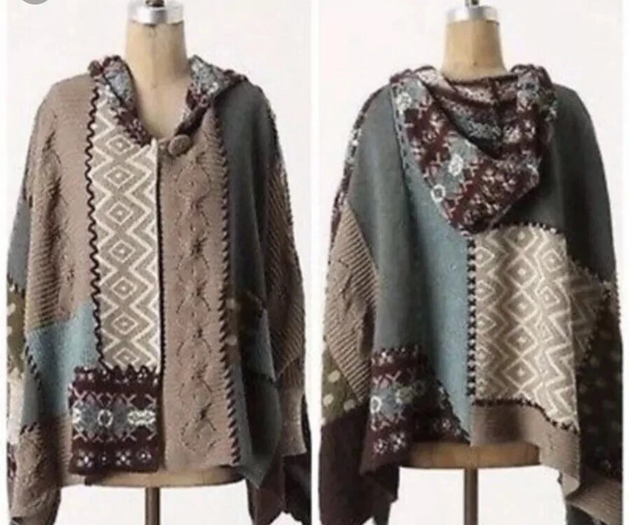 33 Anthropologie Sleeping On Snow Poncho OS Patchwork Assembly Cape RARE $298