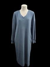 MITILLY Women's L Long Sleeve Dress Blue Ribbed V-Neck Casual Maxi W Slit EUC