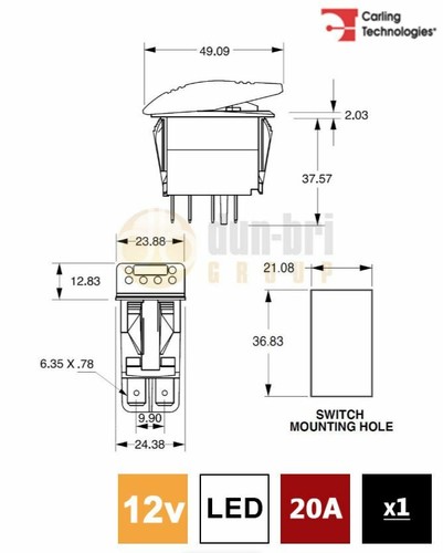 Base Interruptor Balancín Carling 273.205 Serie V 12V ON/OFF SP 2xLED ROJO/ROJO - Imagen 3 de 5