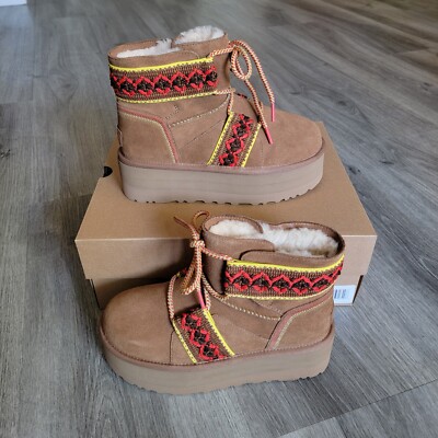 UGG Classic Mini Braid Platform Chestnut Suede Boot Sz 7