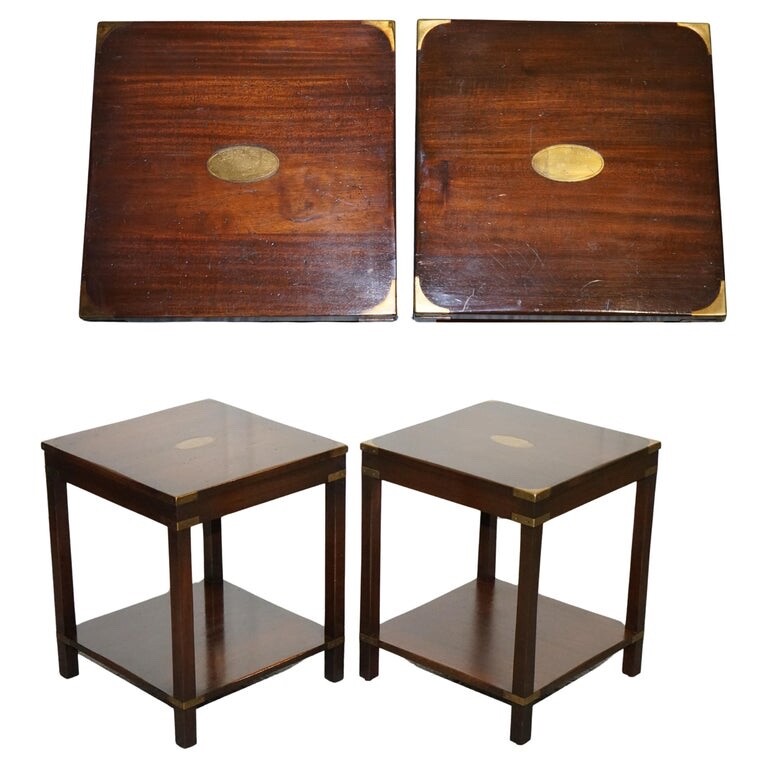 FINE ENGLISH PAIR OF BEVAN FUNNELL MILITARY CAMPAIGN NiGHTSTANDS END SIDE TABLES