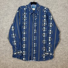 Vintage Wrangler Brushpopper Shirt Mens XL Blue Pearl Snap Cowboy Rodeo