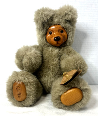 ROBERT RAIKES Black BEAR Plush Wood Face 1989 Articulated Limbs