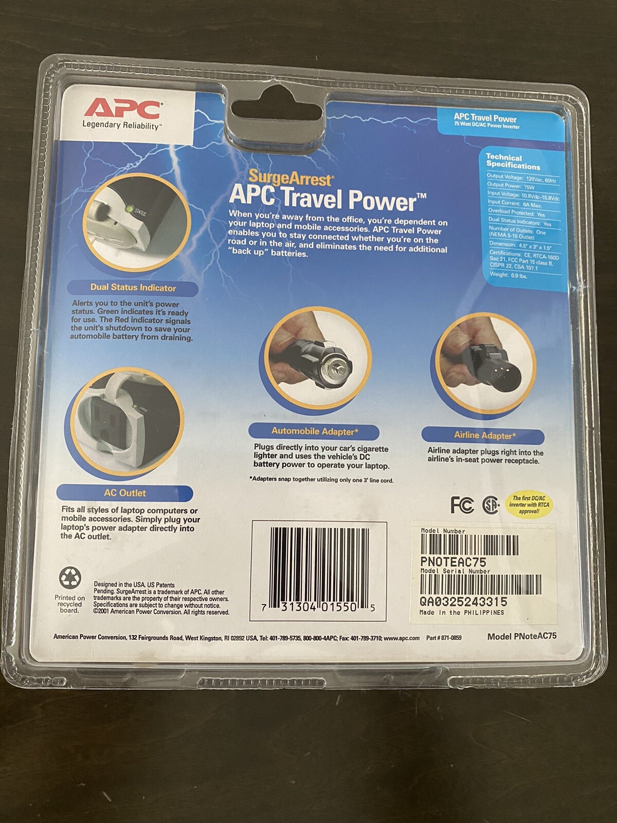 New APC Travel Power Surge Arrest 75 Watt PNote AC75   