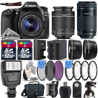 Canon EOS 90D DSLR Camera + 18-55mm IS STM + 55-250mm STM Lens - 64GB Kit Bundle