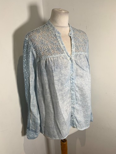 Camicia blusa 120% lino pizzo 42 10 12 ottime condizioni linea A lino blu chiaro linea A