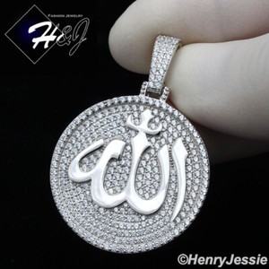 Authentic 925 STERLING SILVER ICY CZ GOLD PLATED/SILVER 3D MUSLIM ALLAH ROUND PENDANT*P306