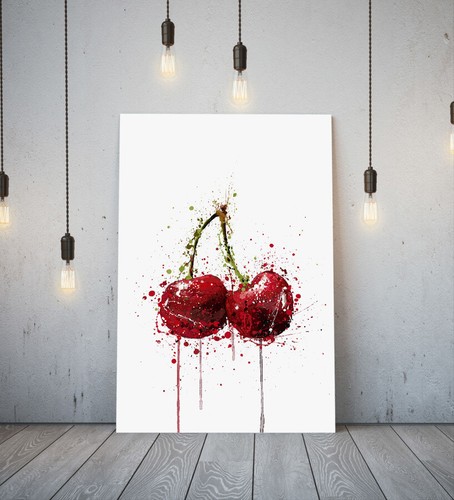 CHERRY FRUIT -DEEP FRAMED CANVAS WALL SPLASH ART PICTURE PAPER PRINT- RED GREEN - Picture 1 of 17