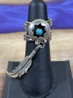 Vintage Navajo Turquoise Sterling Silver Ring W/ Feather Dangle Size 4