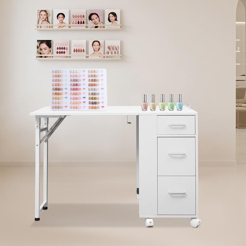 Rolling Nail Desk Folding Mobile Manicure Table W/ Drawer for Beauty Salons Use