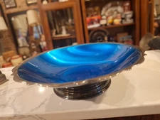 Vintage WM. A. ROGERS Silver Plate Blue Enamel Raised Compote Candy Dish Bowl