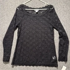 Bar III floral lace sheer top blouse womens XL black long sleeve Whimsygoth NWT