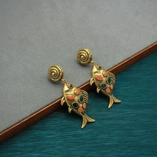 中古款滴油烧蓝锦鲤鱼吊坠耳环复古做旧首饰手工珐琅