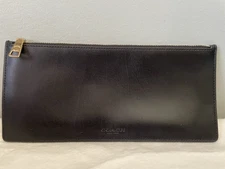 COACH Black Refined Calf Leather Slim Zip Pouch Clutch Wallet Brass Zipper