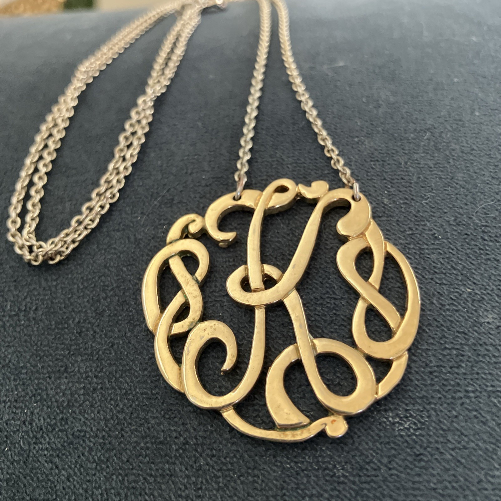 Script Monogram Initial "K" Gold Tone Pendant 30”… - image 2