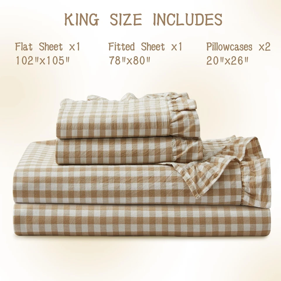4 Pieces Plaid Ruffle King Size Sheets Set, Cotton Gingham King Sheet Set Lin... - Image 3 of 4