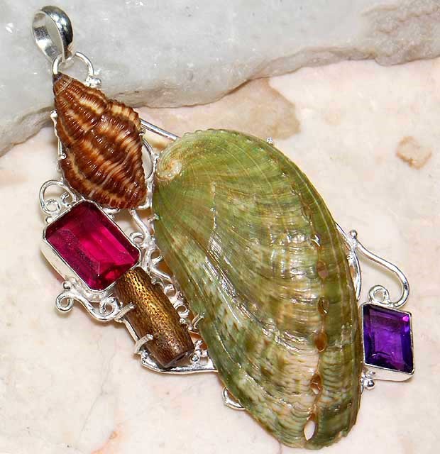 Natural Conch Shell & Tourmaline 925 Sterling Silver Pendant Jewelry @19-9