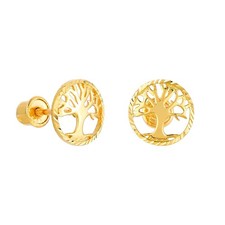 14k REAL Yellow Gold Tree of Life Stud Earrings with Screw Back