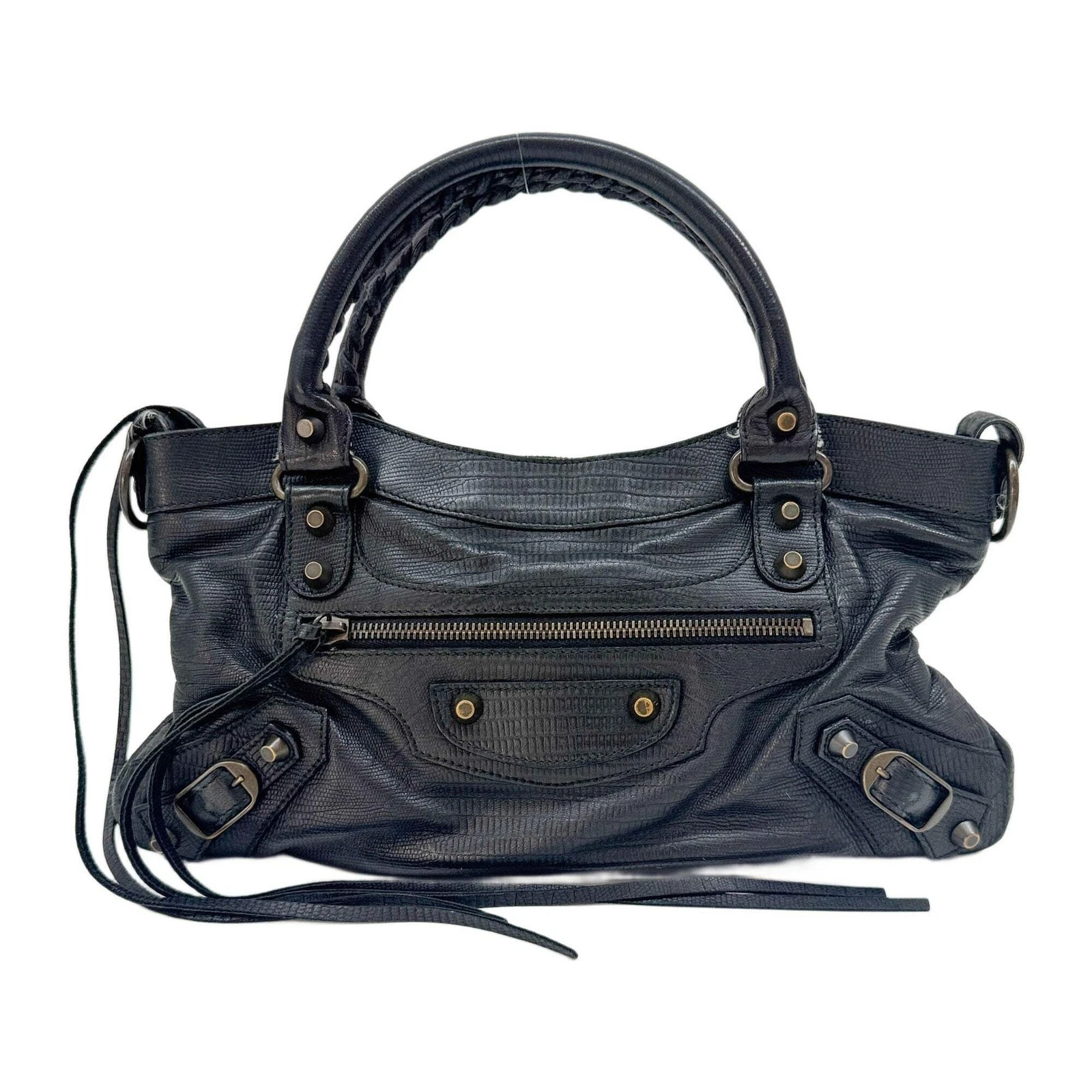 Balenciaga — BALENCIAGA The First Black Lizard Embossed Leather Hand Bag