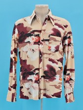 Men's VTG 70s Beige  Brown Abstract Print Shirt Sz L 1970s Disco Polyester