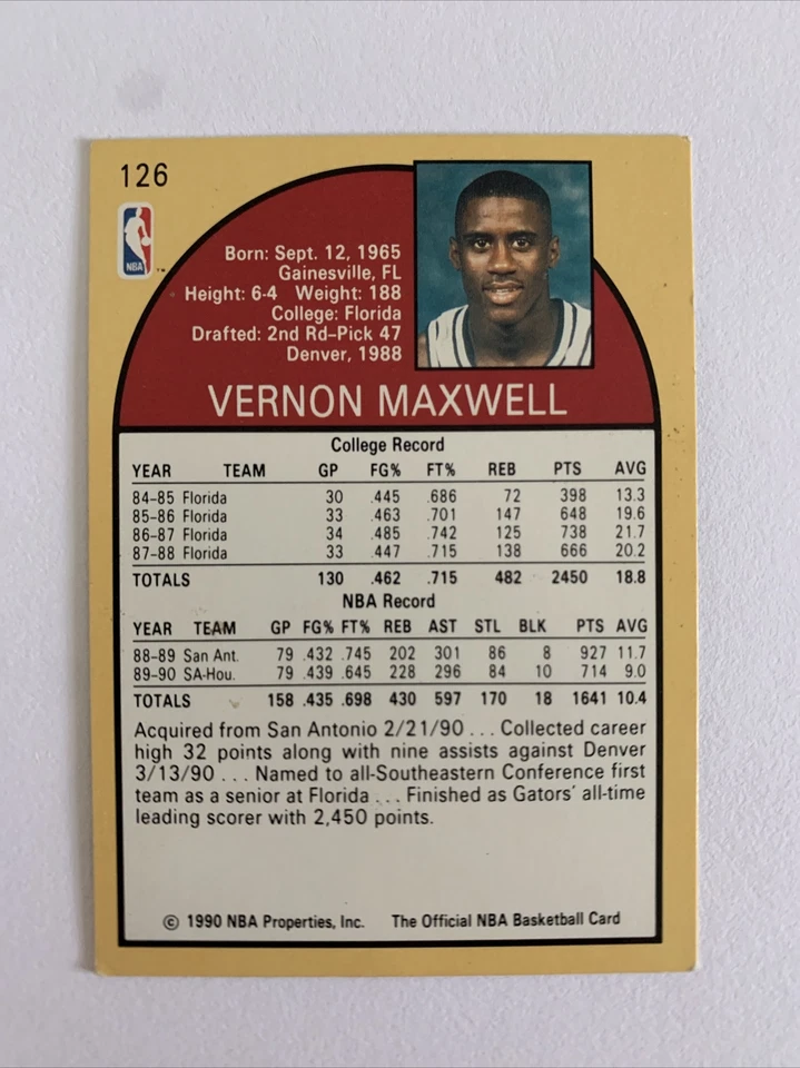 1990 Hoops # 126 Vernon Maxwell Houston Rockets - Image 2 of 3