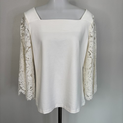 Lauren Ralph Lauren Top Medium White Square Neck 3/4 Lace Sleeves Women's