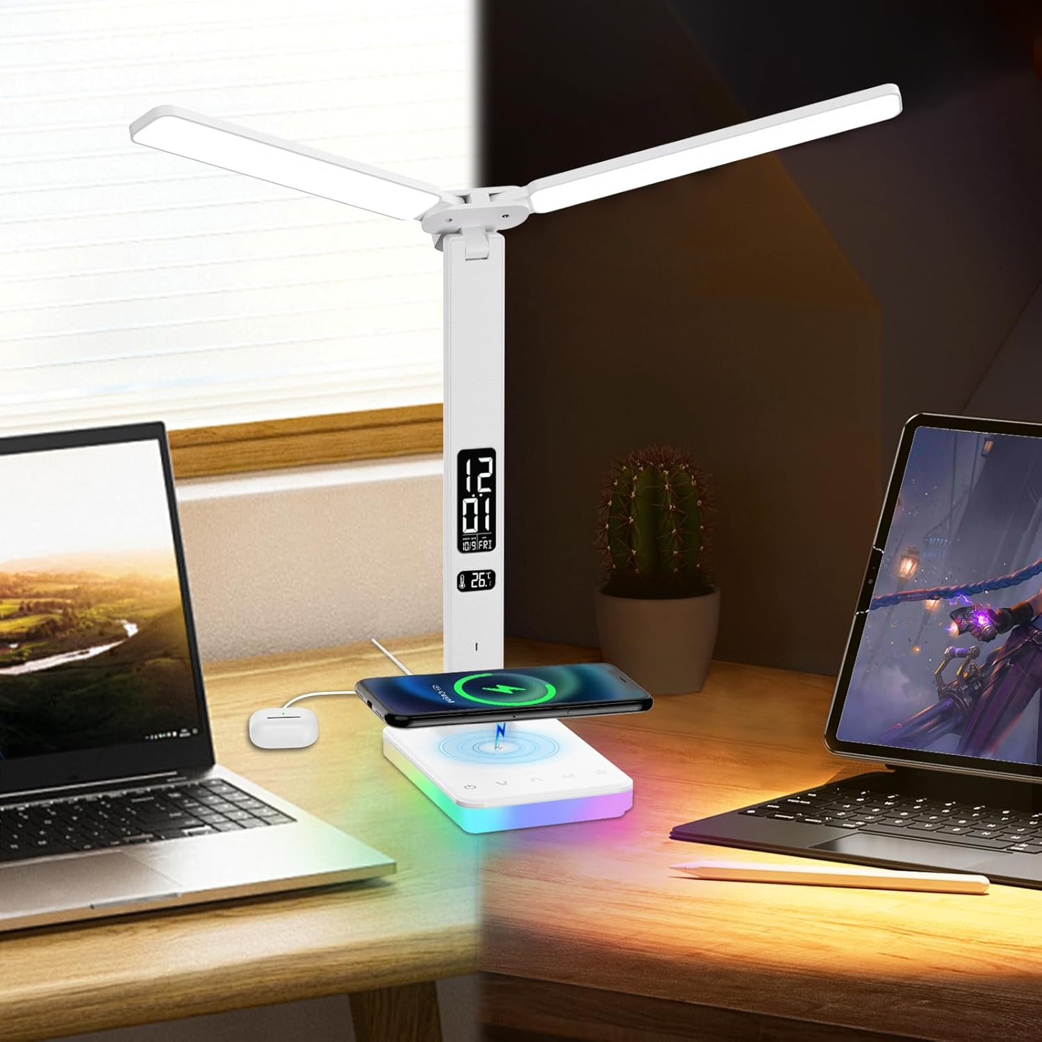 LED Desk Lamp with Wireless Charger, USB Charging Port, Dual Swing Arm Desk Ligh