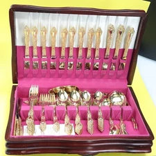 Royal Sealy Gold Plated  16 Settings 104 Pc Flatware Set, Stainless Steel, Japan