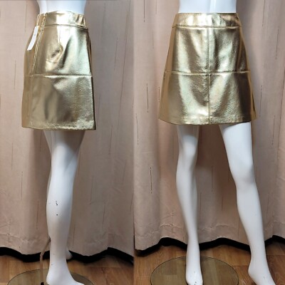 M&S Metallic GOLD Faux LEATHER A-Line MINI SKIRT Size 10