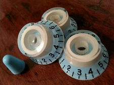 3 Guitar top hat volume/tone knobs & switch tip.. Daphne Blue/Aged Cream..  JAT