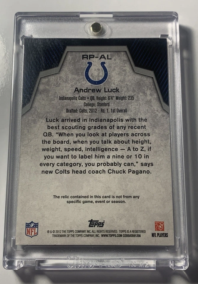 2012 TOPPS ANDREW LUCK ROOKIE JERSEY RELIC PATCH #RP-AL RC Indianapolis Colts - Image 4 of 4