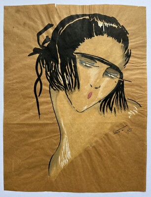 Dessin Original Aquarelle Art Déco - Portrait Belle Époque Des Années 1920