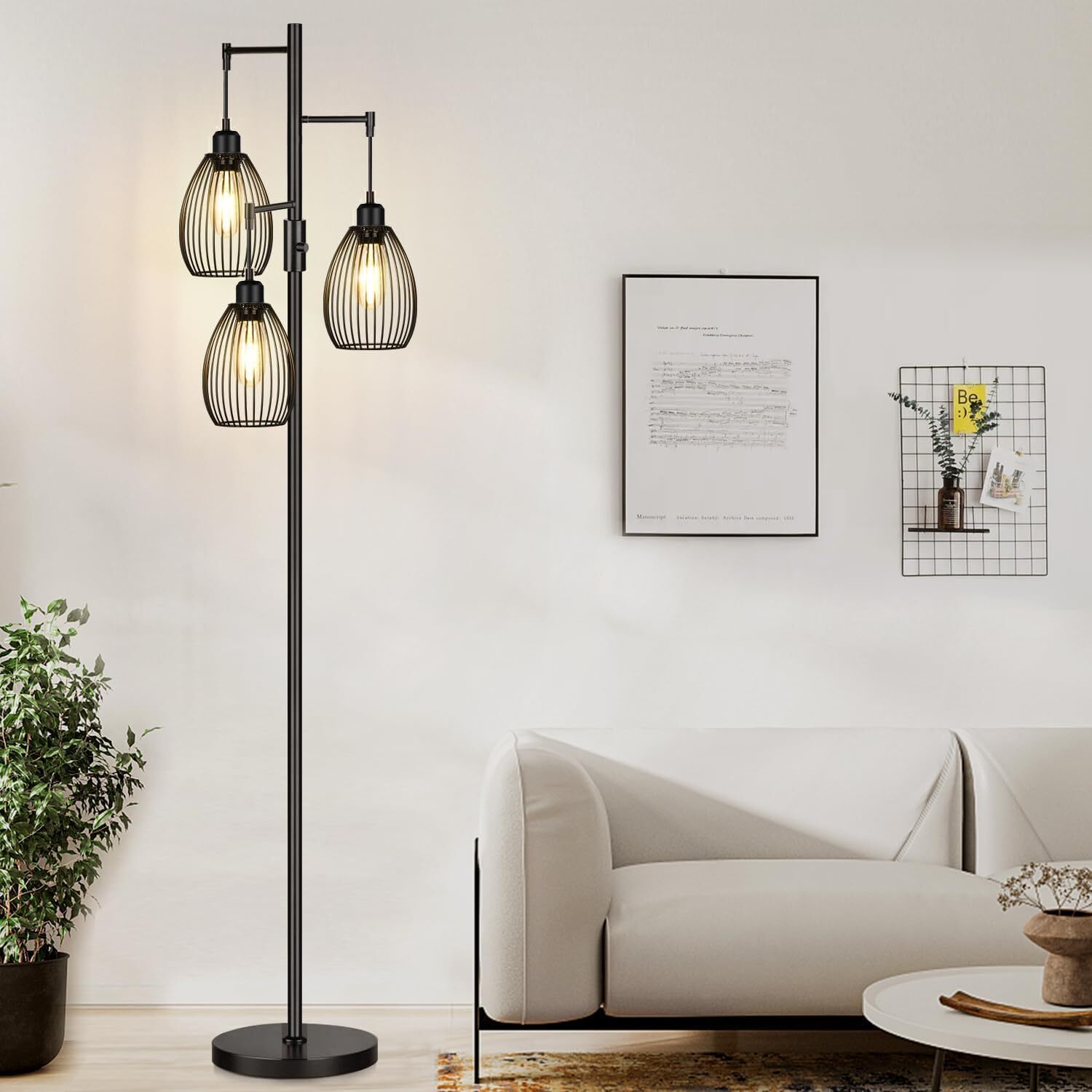 Farmhouse Industrial Floor Lamp Dimmable with Teardrop Cage 3 LED Bulbs Included