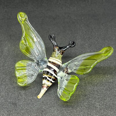 Green Glass Butterfly Figurine Hand Blown Art Glass Insect Shelf Decor Gift
