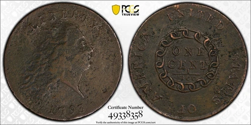 1793 S-3 America Chain Large Cent 1c PCGS Extra Fine Details Repaired