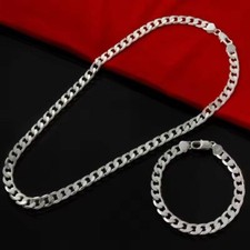 SOLID 925 SILVER 2PCS SET BRACELET CHAIN NECKLACE CUBAN LINK BUNDLE MEN WOMEN